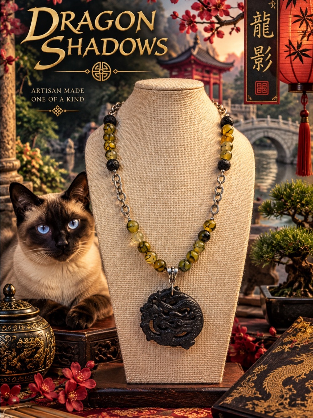 Dragon Pendant Necklace with Dragons Vein Agate